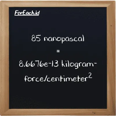 85 nanopascal is equivalent to 8.6676e-13 kilogram-force/centimeter<sup>2</sup> (85 nPa is equivalent to 8.6676e-13 kgf/cm<sup>2</sup>)